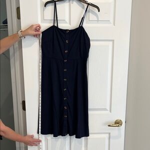 Casual Navy Button-Front Midi Dress